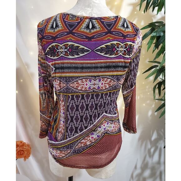 Lynn Ritchie 100% Silk Mesh Artsy Boho Print 3/4 Sleeve N-Neck Top Womens Size M - Picture 2 of 10